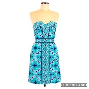 Annie Griffin Silk Geometric Print Strapless Dress